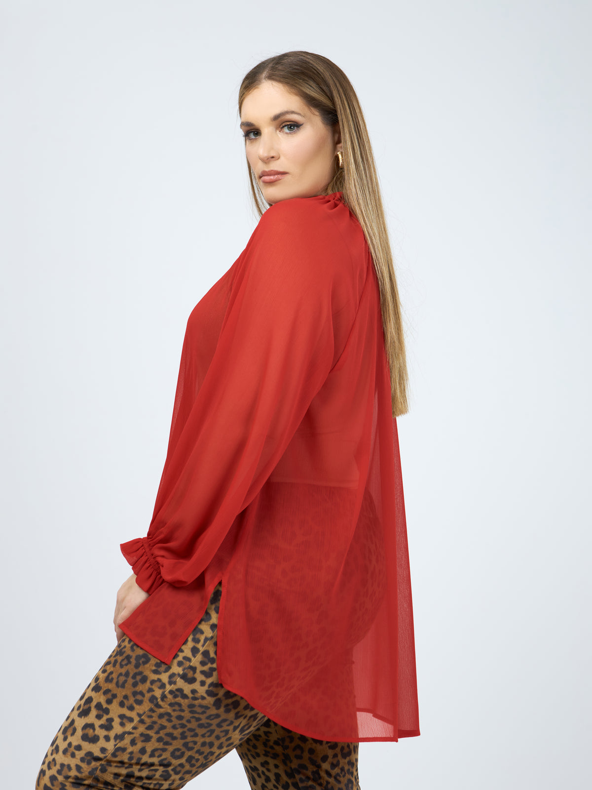 Mat Sheer Neck Tie Blouse in Red
