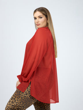 Mat Sheer Neck Tie Blouse in Red