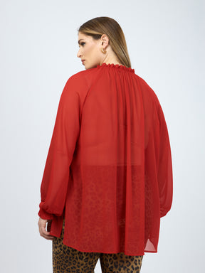 Mat Sheer Neck Tie Blouse in Red