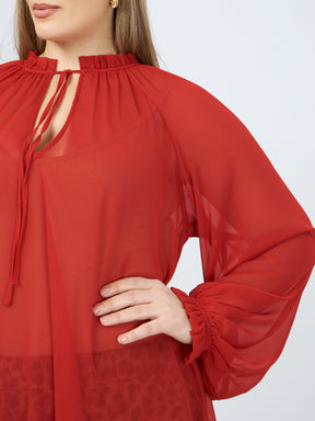 Mat Sheer Neck Tie Blouse in Red