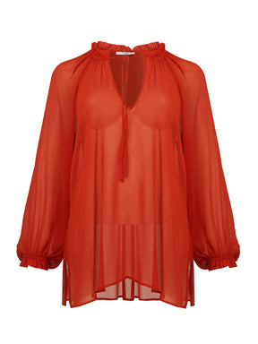 Mat Sheer Neck Tie Blouse in Red