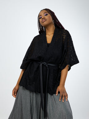 Mat Laced Belted Kimono in Black