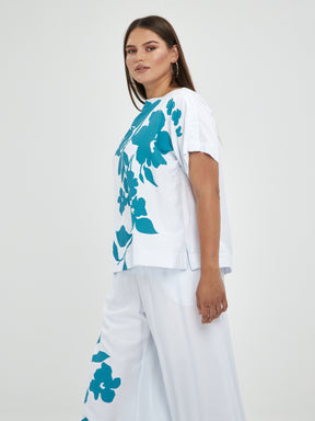 Mat White & Turquoise Floral Top