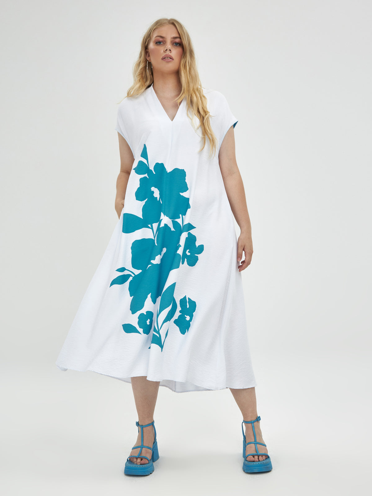 Mat White & Turquoise Floral Dress