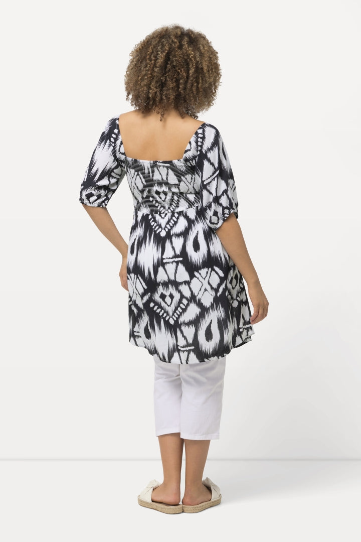 Ulla Popken Smocked Blouse with Black and White Print