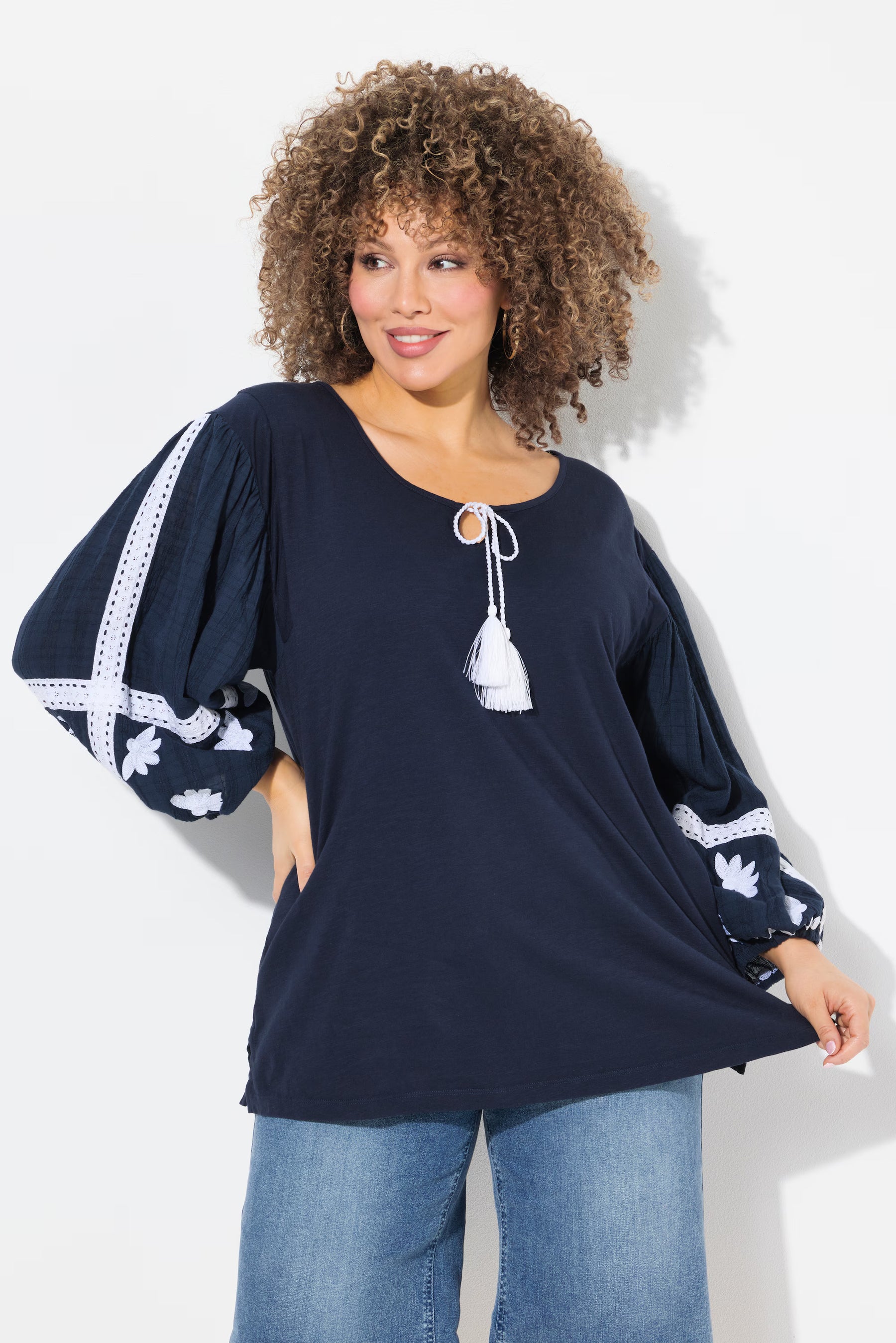 Ulla Popken Tie Neck Blouse in Navy