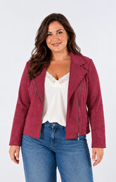 Amber Suede Biker Jacket in Berry 