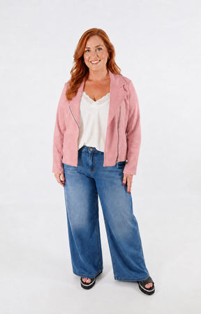 Amber Suede Biker Jacket in Dusty Pink 