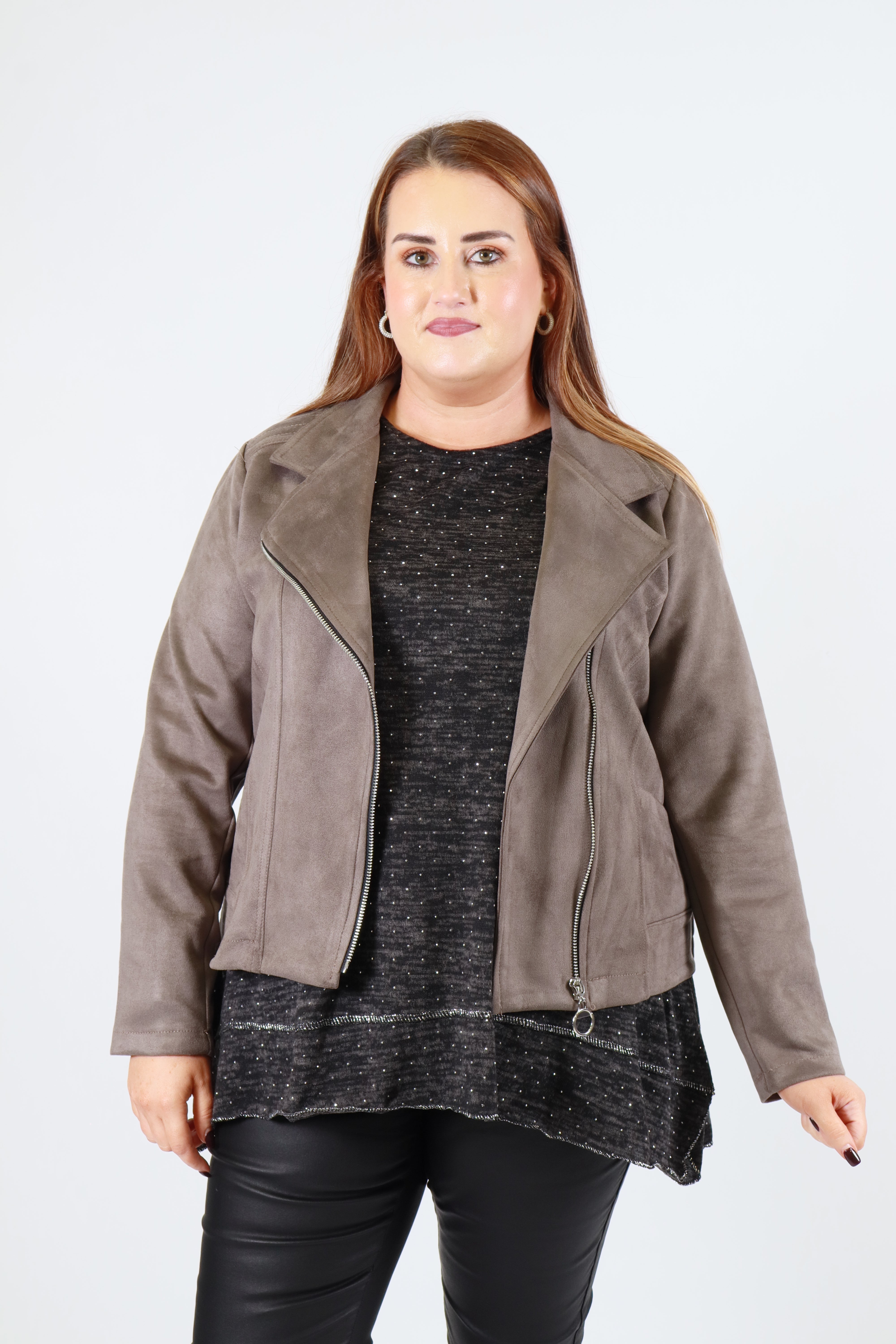 Amber Suede Biker Jacket Grey | Plus Size Jackets | Wardrobeplus.ie
