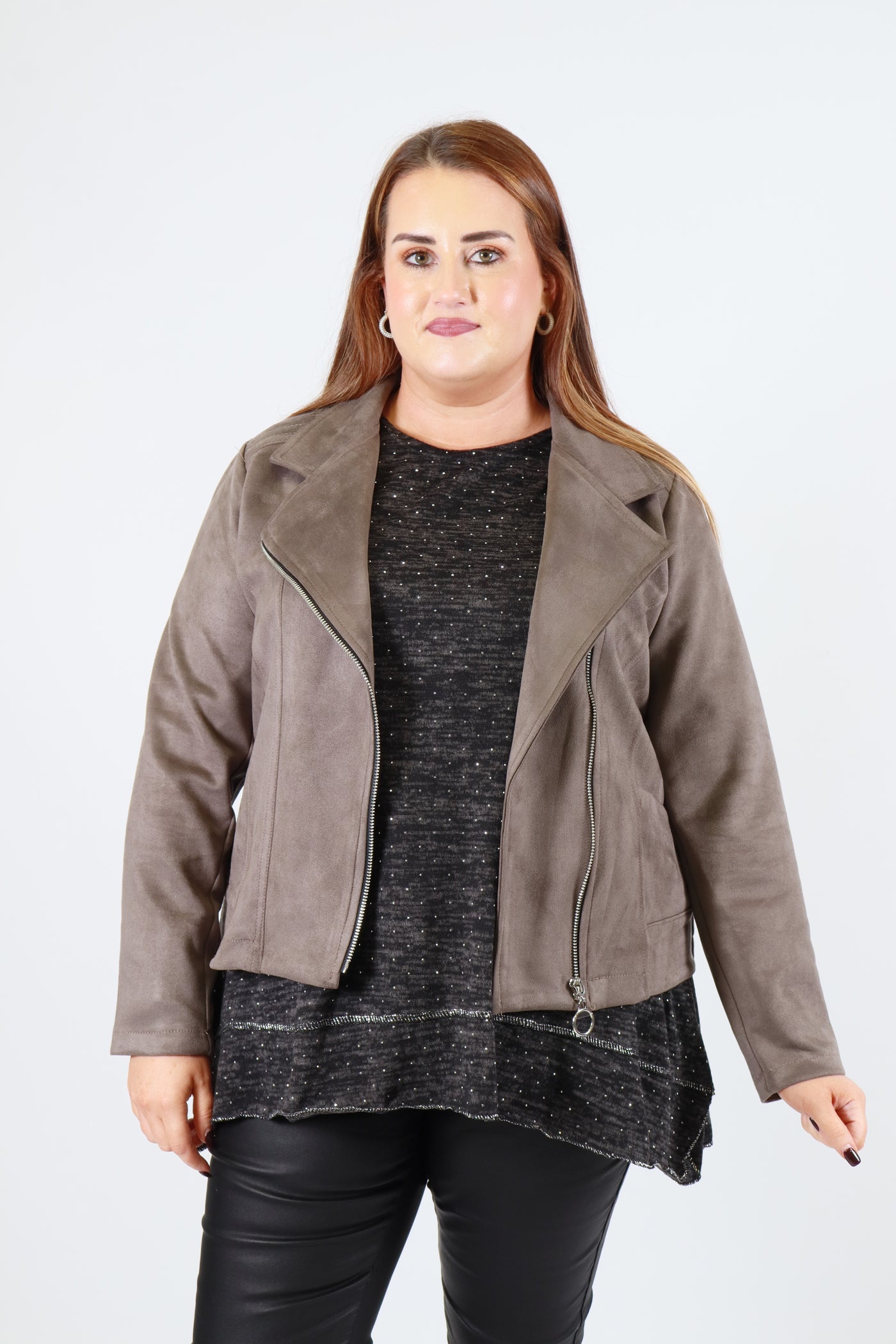 Amber Suede Biker Jacket in Grey