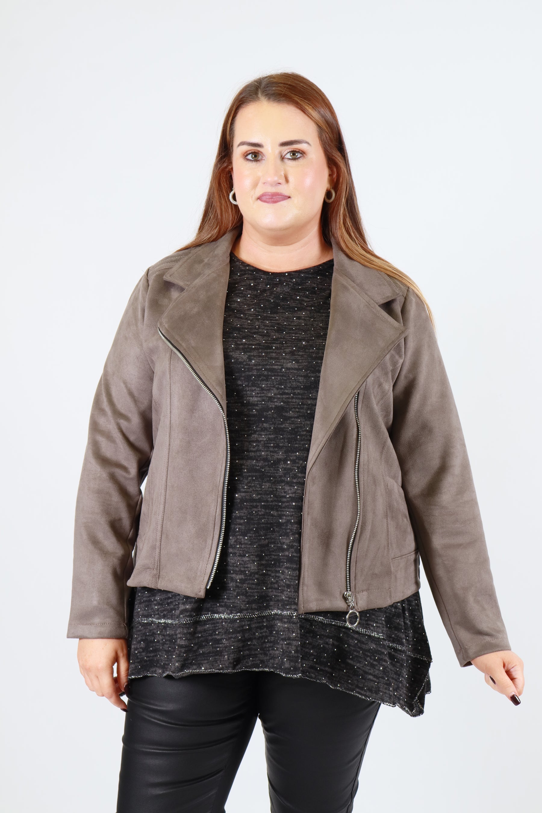 Amber Suede Biker Jacket in Grey