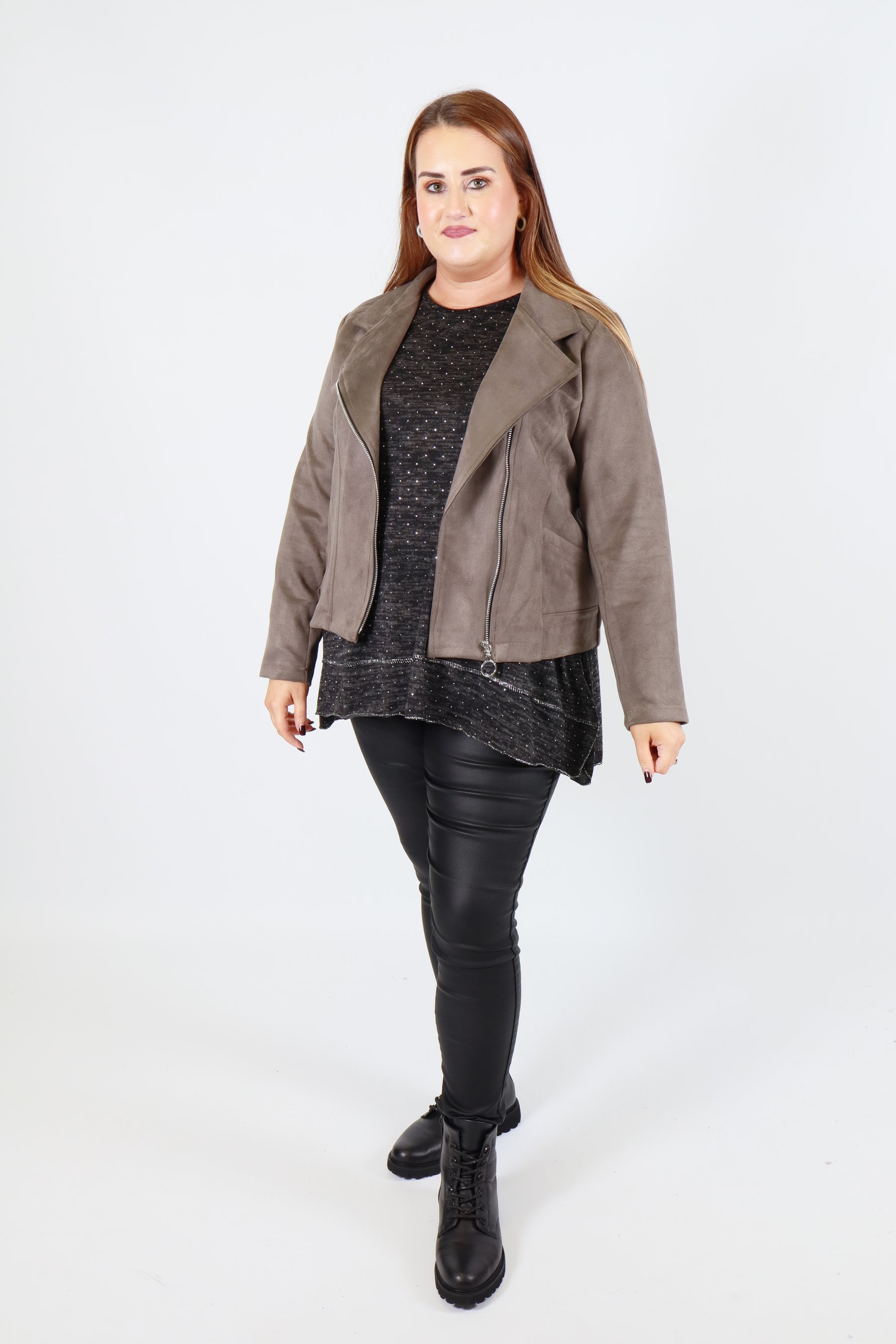 Amber Suede Biker Jacket in Grey