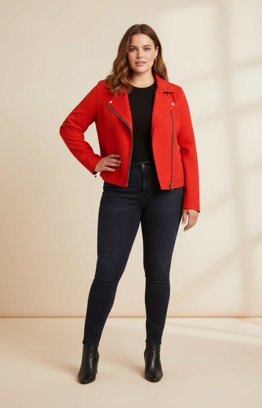 Woman wearing a red jacket, black top, and jeans on a beige background