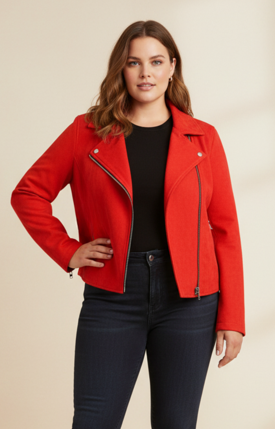 Woman wearing a red jacket with a beige background