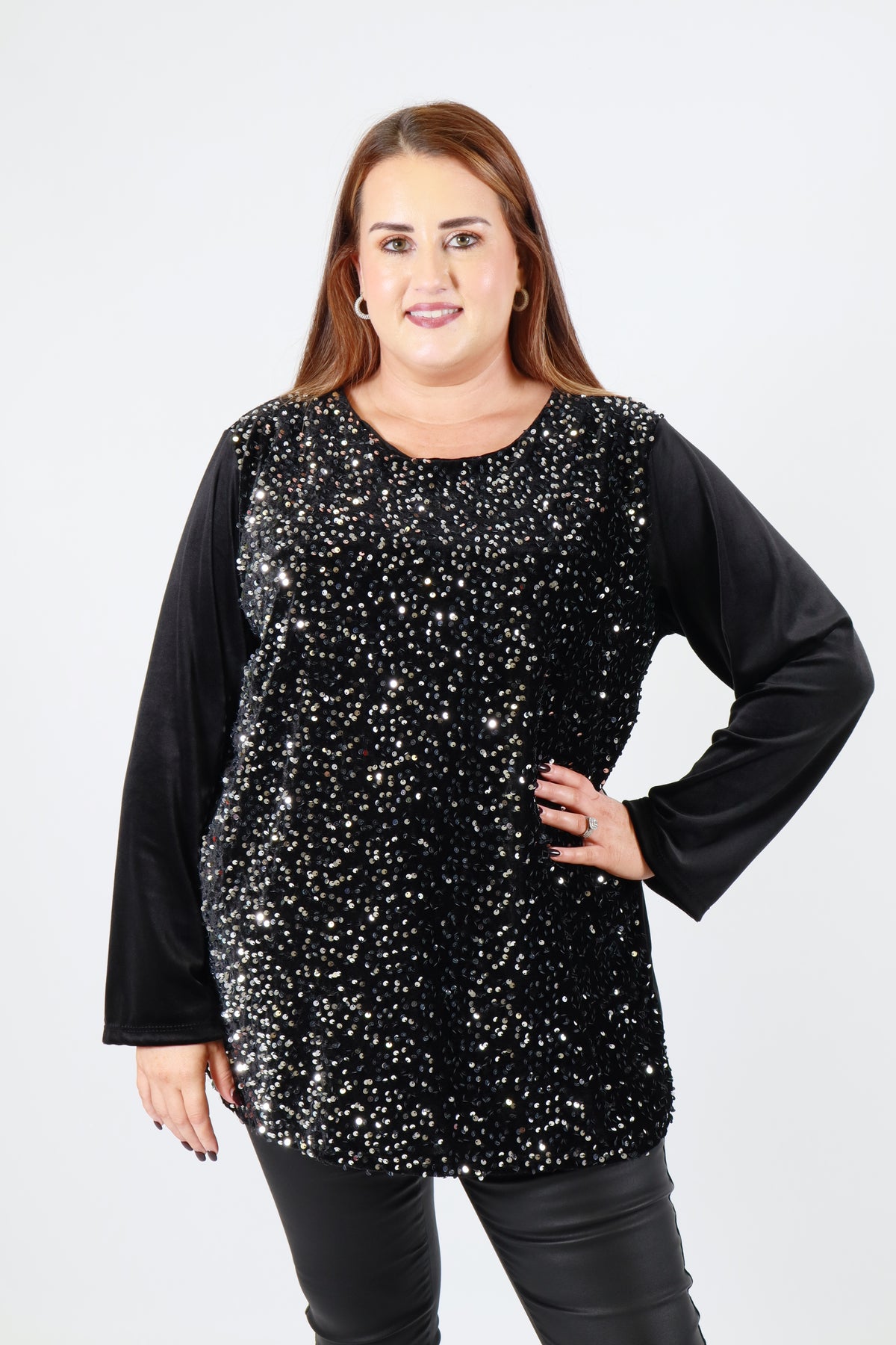 Ava Sequin Top in Black with Silver