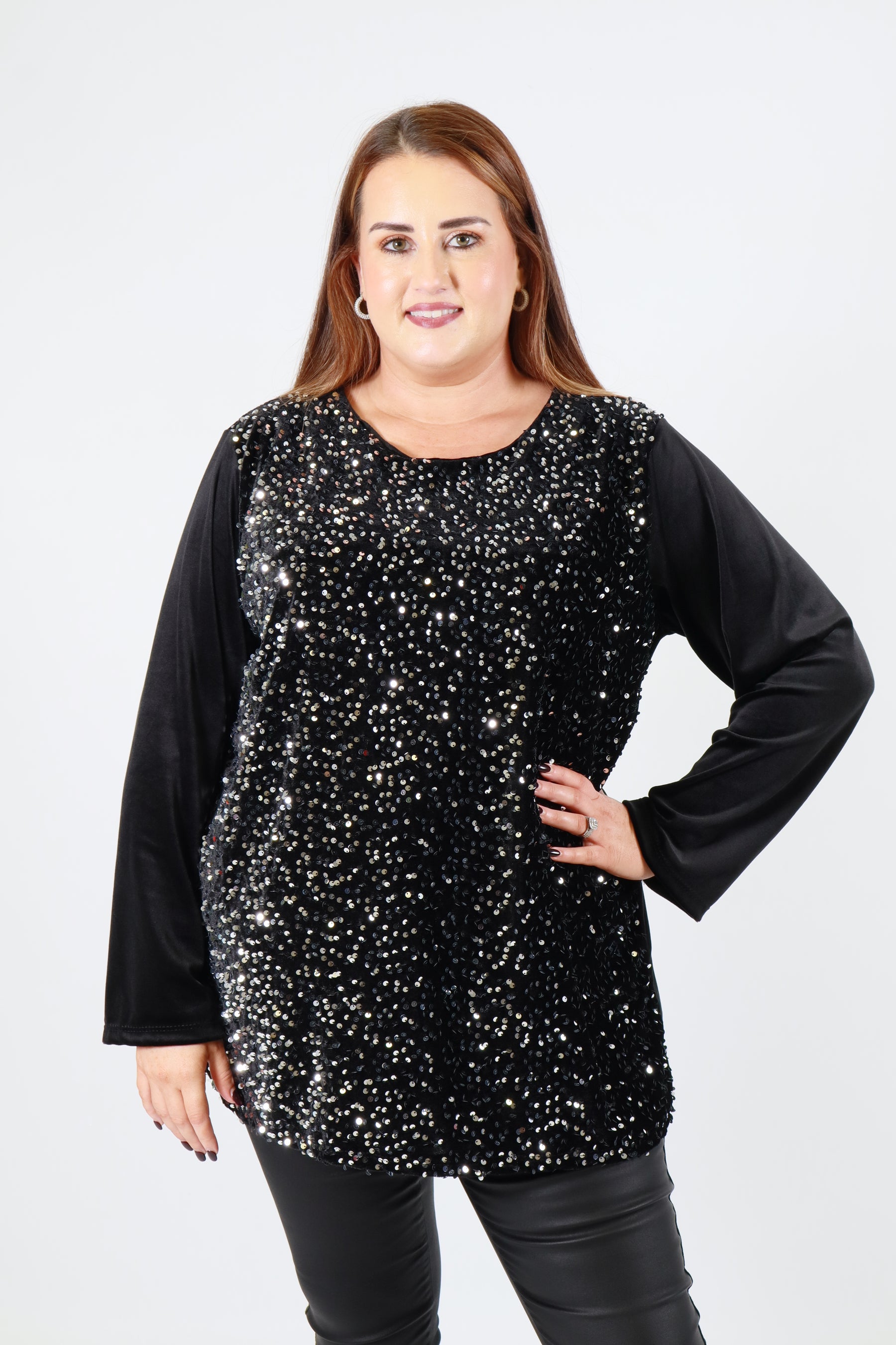 Ava Sequin Top in Black with Silver