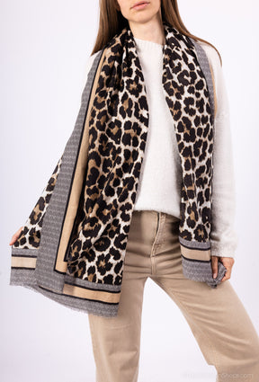Person wearing a leopard print scarf with a white background