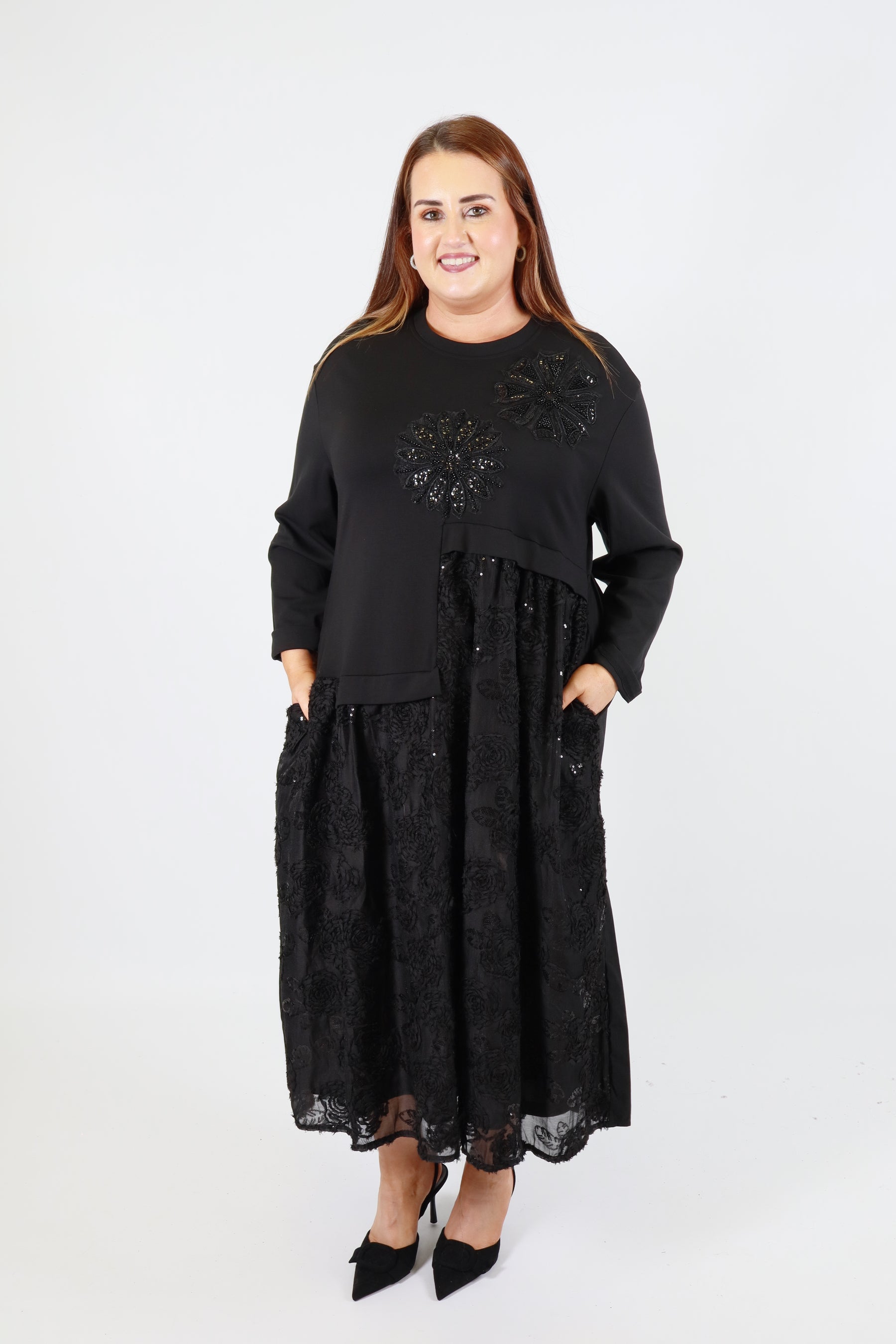 Blair Floral Sequin Dress in Black