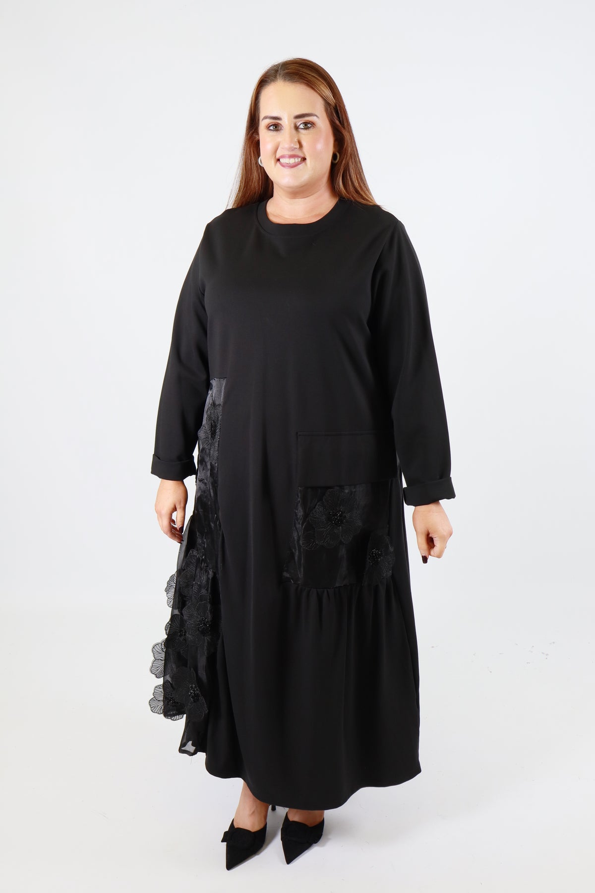 Blake Floral Applique Dress in Black