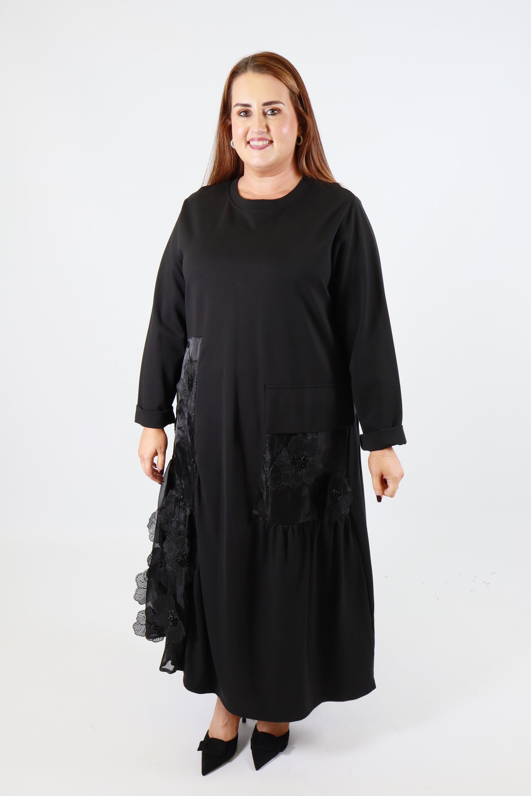 Blake Floral Applique Dress in Black