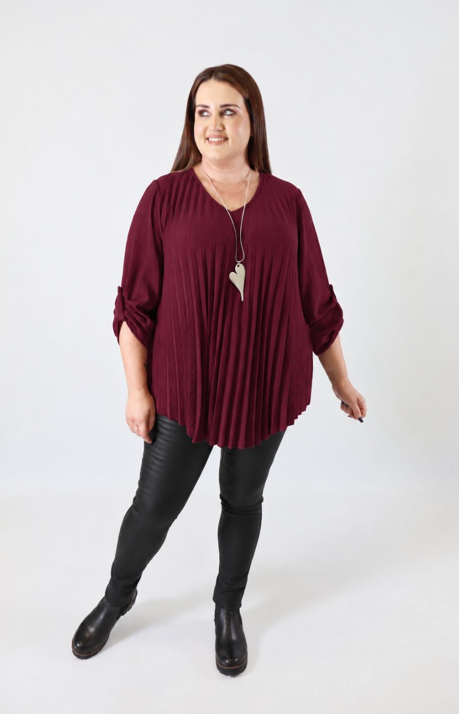 Bonnie Pleated Blouse in Wine. This image was created using AI.