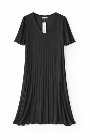 A black pleated dress on a white background