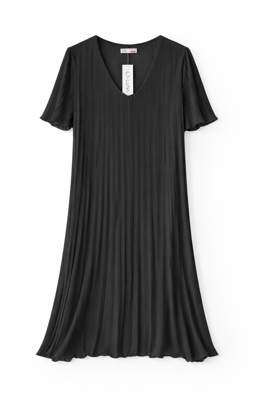 A black pleated dress on a white background