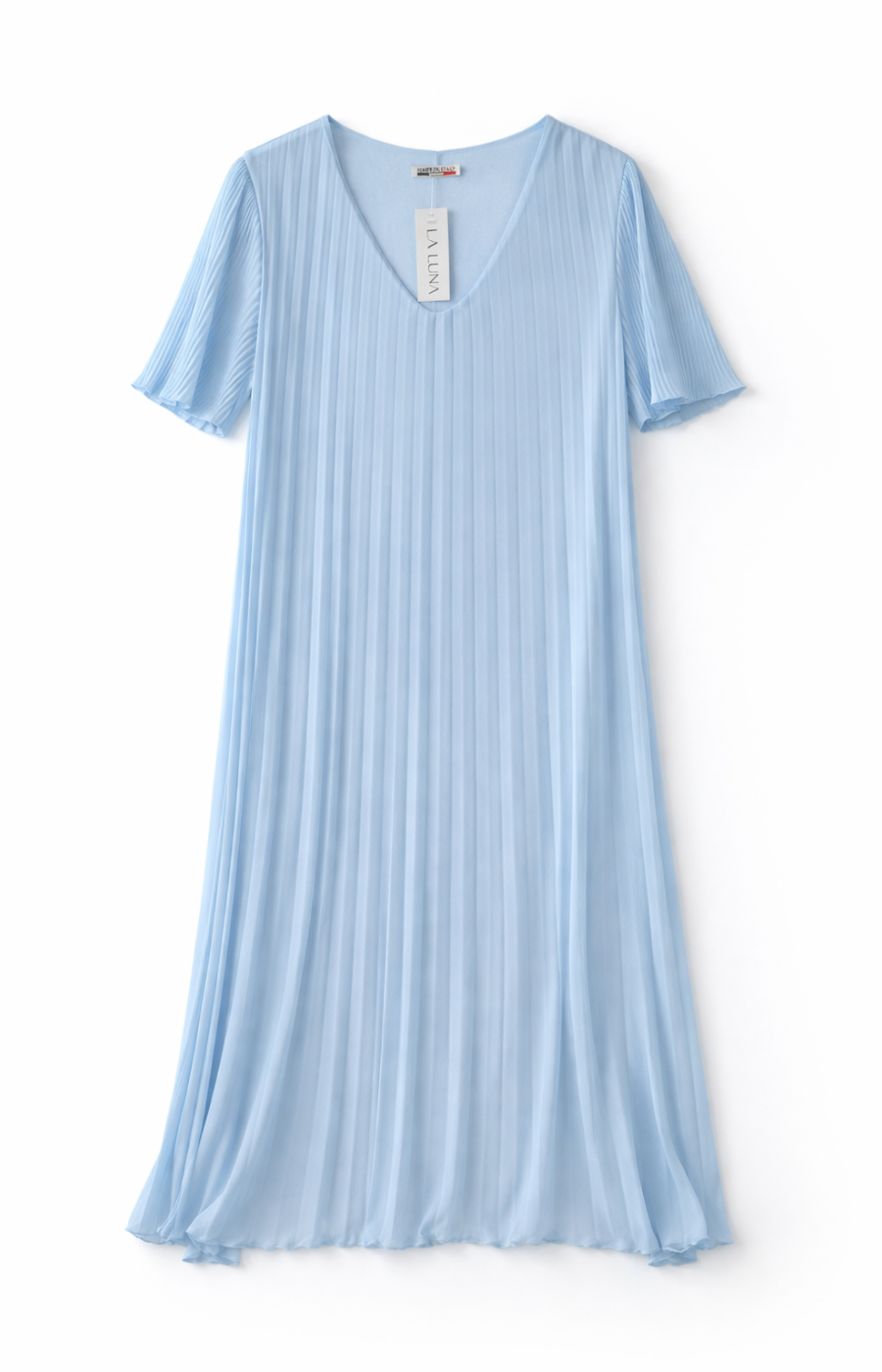 A blue pleated dress on a white backgroun