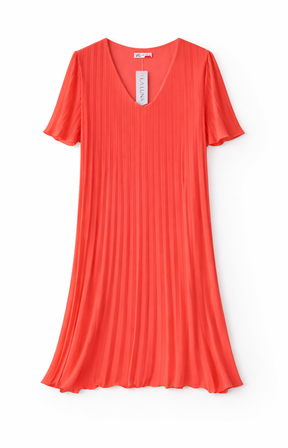 A pleated coral dress on a white background