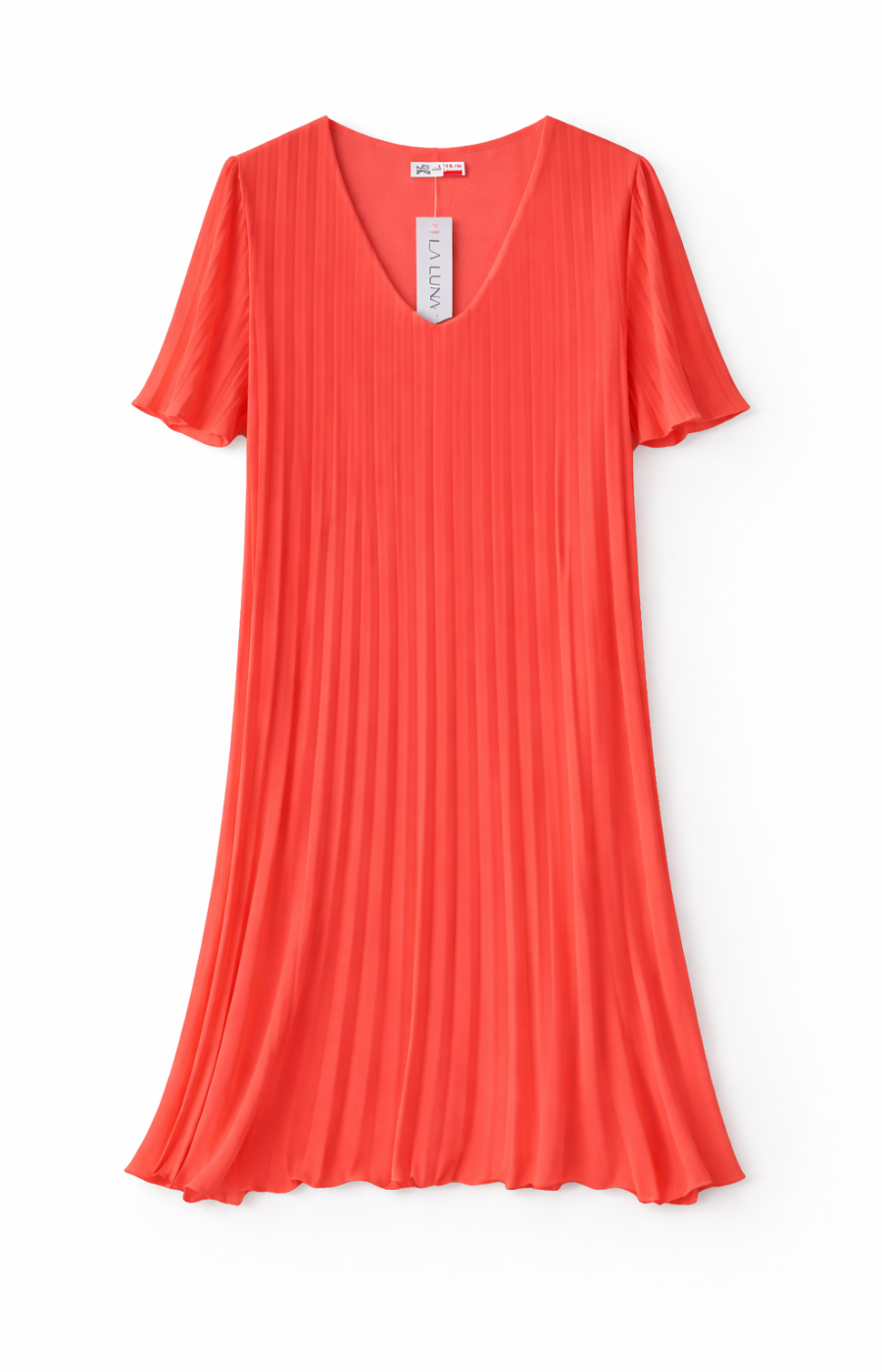 A pleated coral dress on a white background