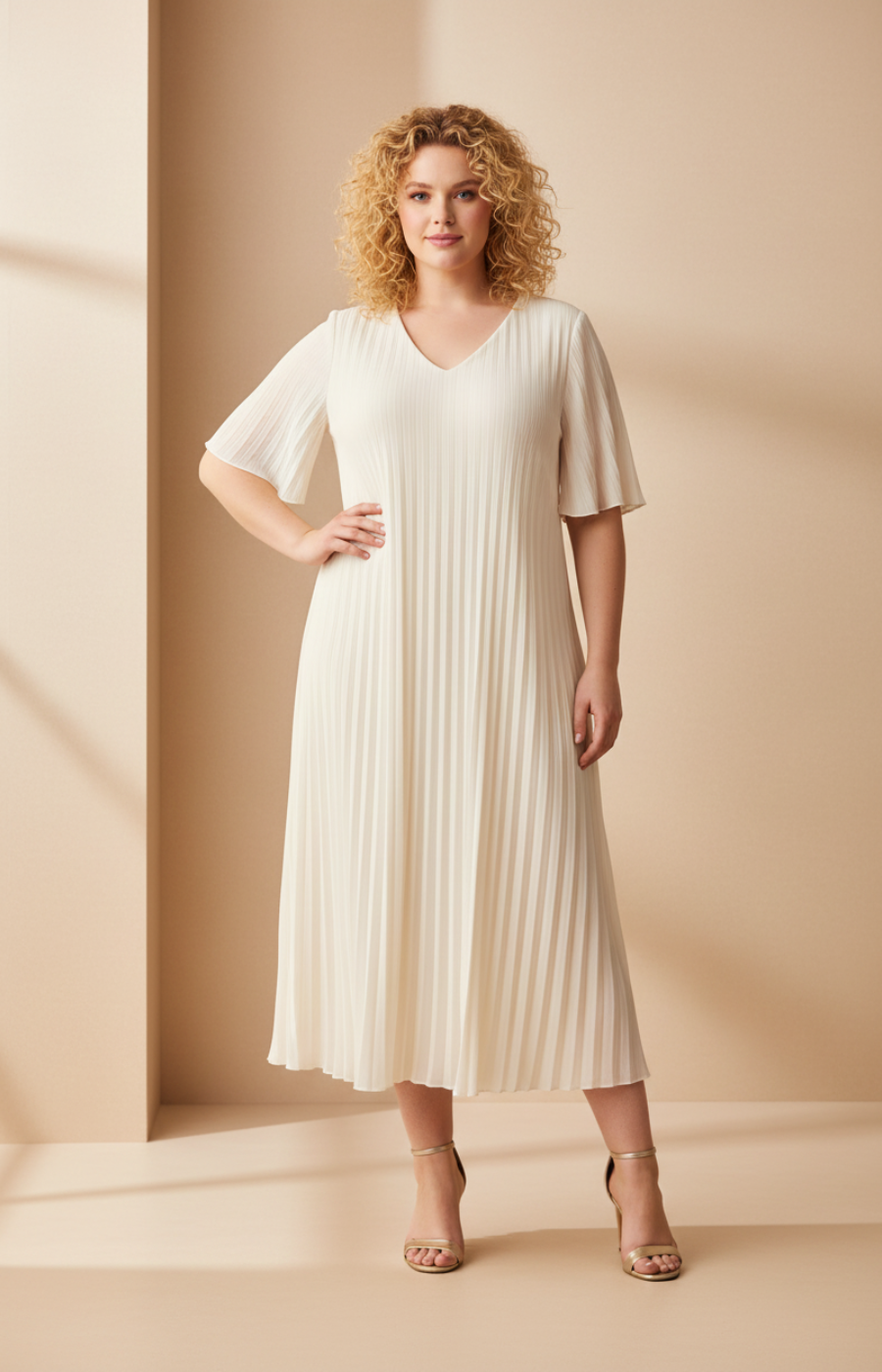 A full-length front view of a woman with shoulder-length curly blonde hair wearing a cream pleated midi dress with short flutter sleeves. She stands in high heels against a soft beige studio background with warm, even lighting.