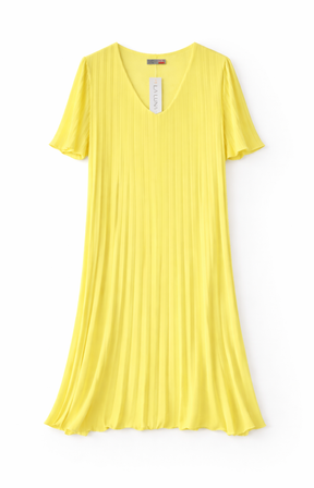 A yellow pleated dress on a white background