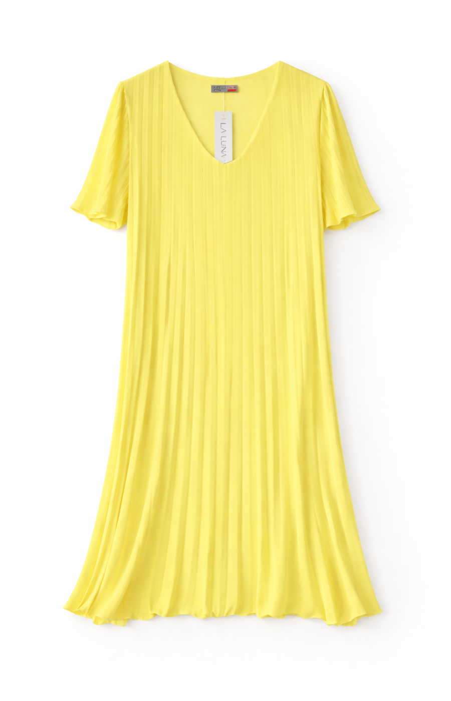 A yellow pleated dress on a white background