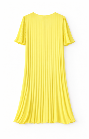 A yellow pleated dress on a white background