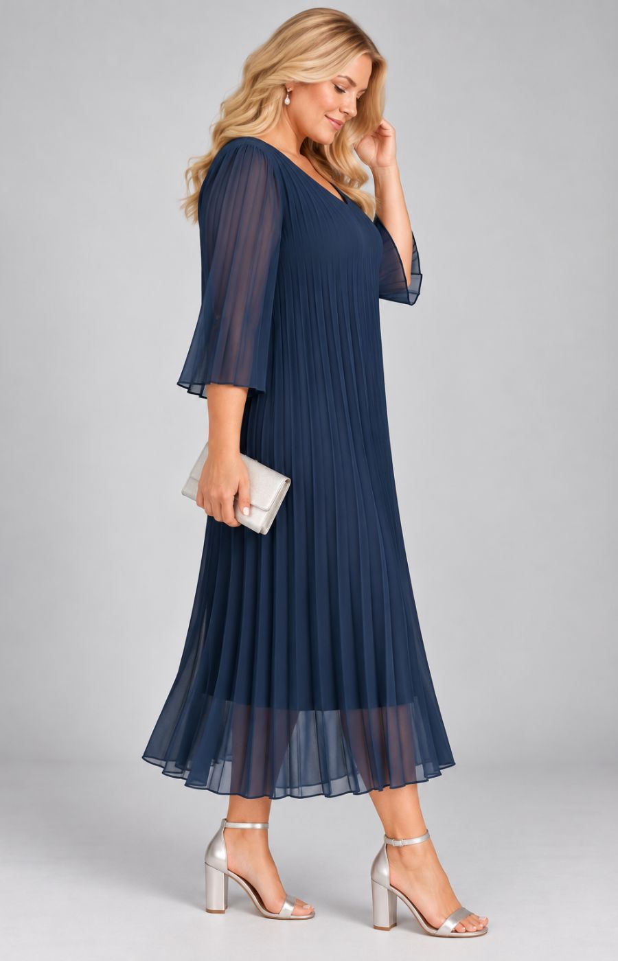 Celine Long Sleeve Dress in Navy. This image was created using AI.