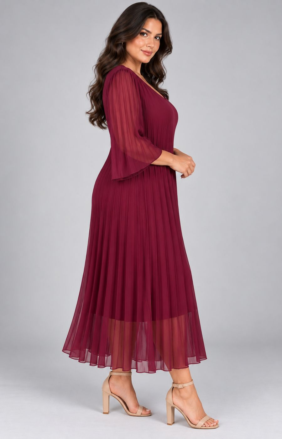 Celine Long Sleeve Dress in Wine. This image was created using AI.