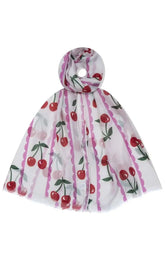 Cherry Scarf in White, A white scarf with an allover cherry design