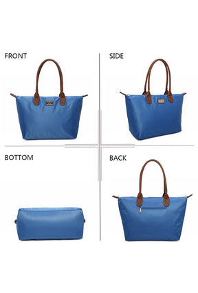 Blue handbag with brown handles shown from front, side, bottom, and back perspectives on a white background.