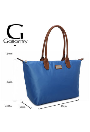 Blue tote bag with brown handles and Gallantry logo, dimensions displayed.
