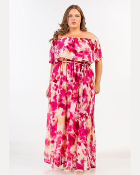Curviss Abstract Floral Dress in Fuchsia 