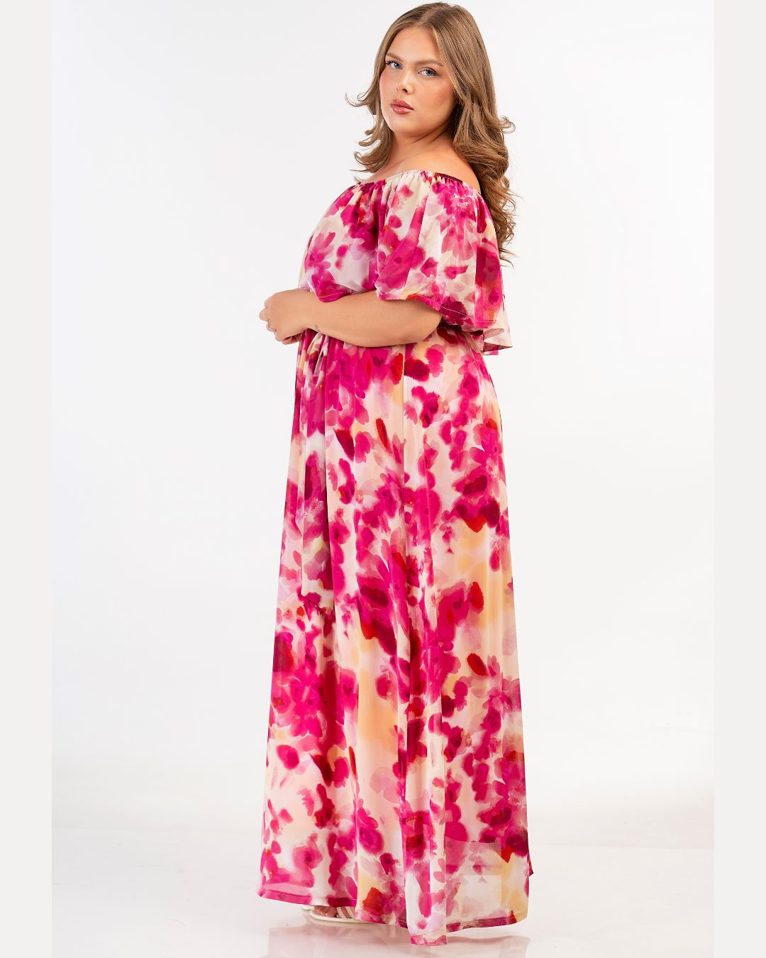 Curviss Abstract Floral Dress in Fuchsia 