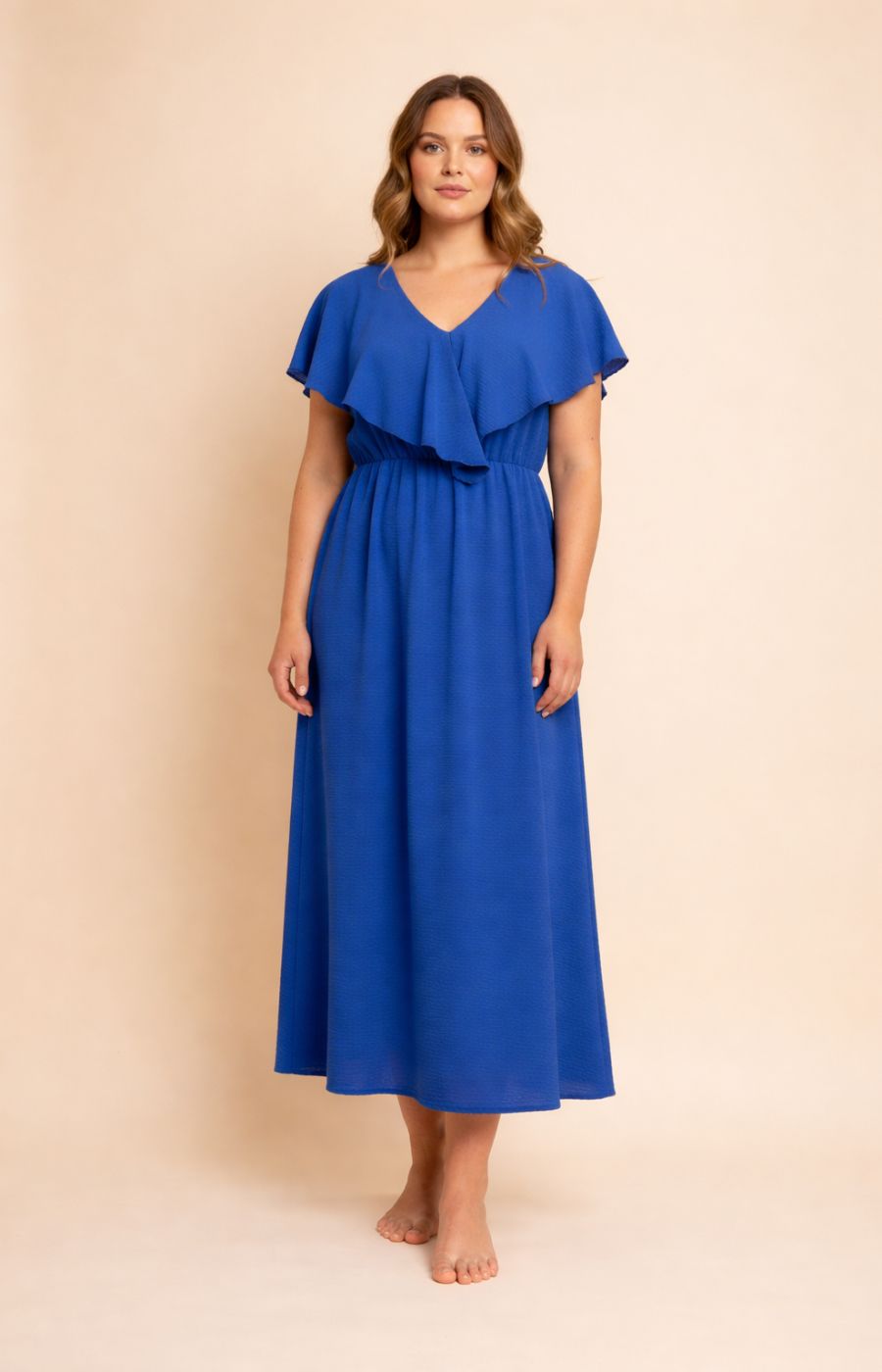 Curviss Frill V Neck Dress in Blue 
