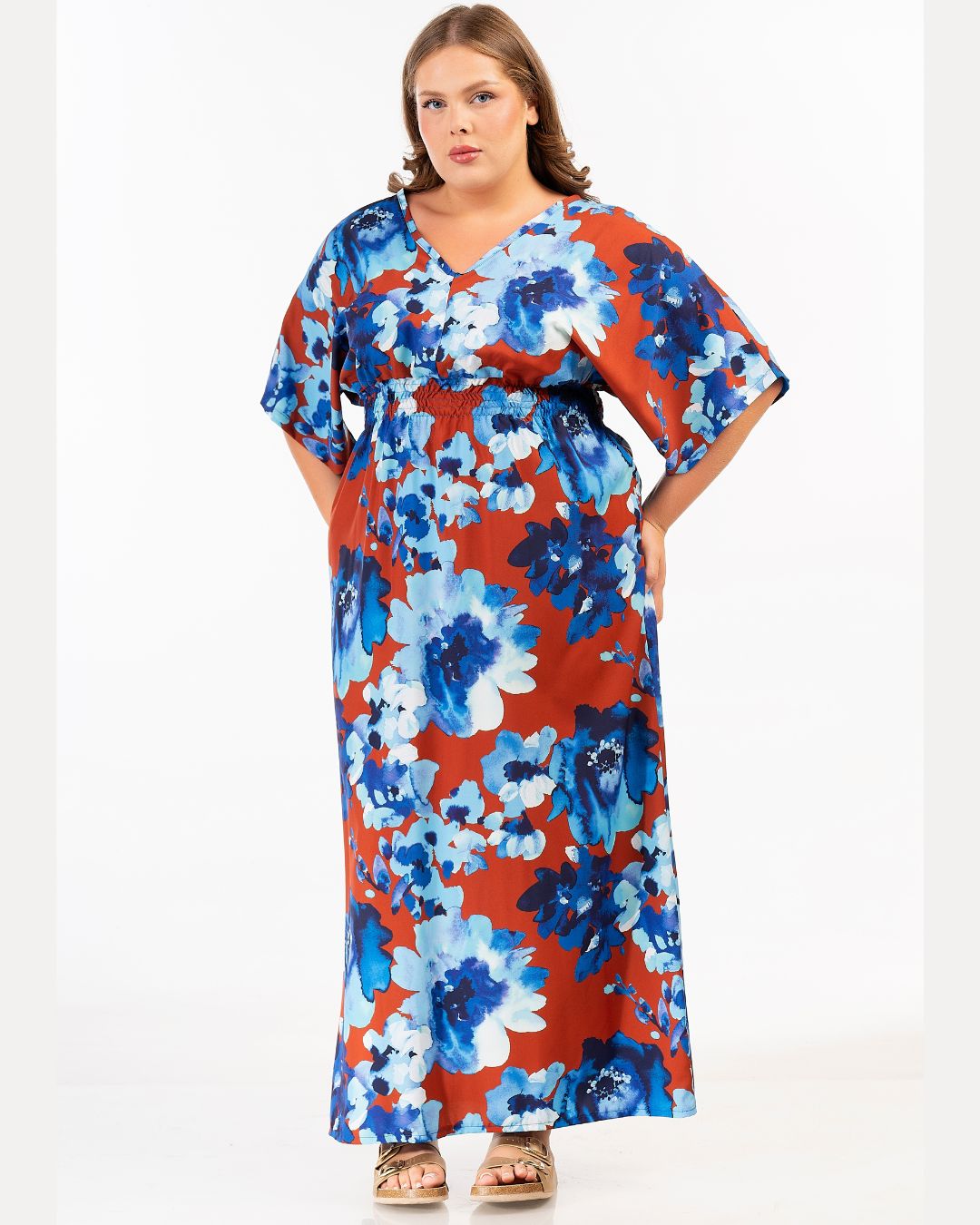 Curviss V Neck Dress in Brown/Blue 