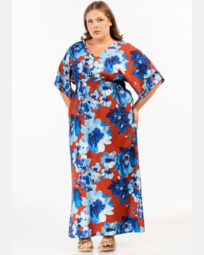 Curviss V Neck Dress in Brown/Blue 