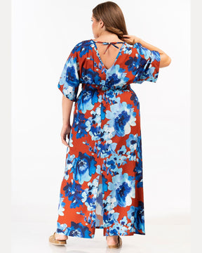 Curviss V Neck Dress in Brown/Blue 