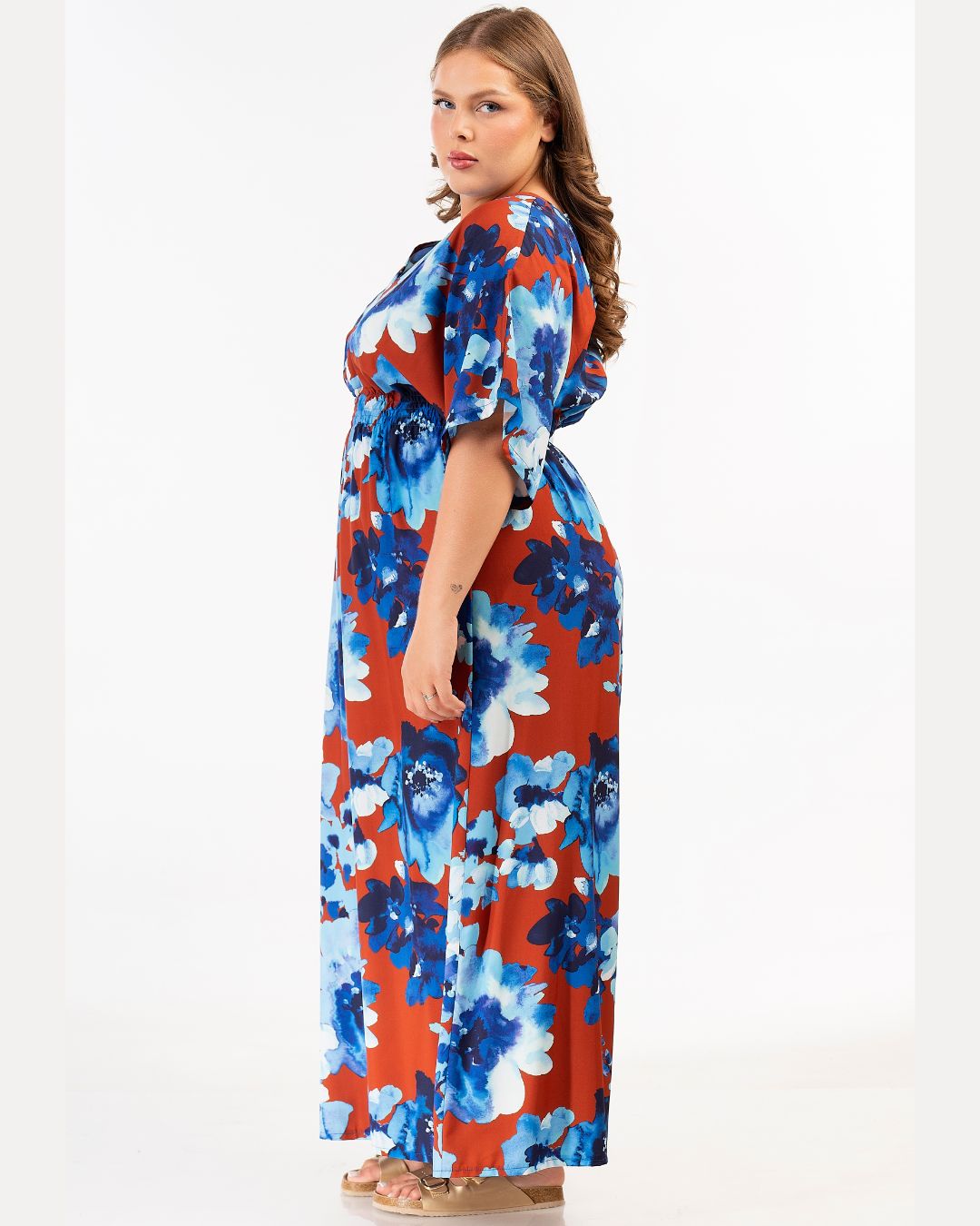 Curviss V Neck Dress in Brown/Blue 