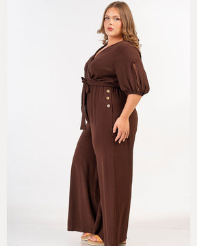 Curviss V Neck Jumpsuit in Brown 