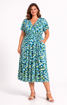 Woman wearing a blue and green patterned dress on a white background