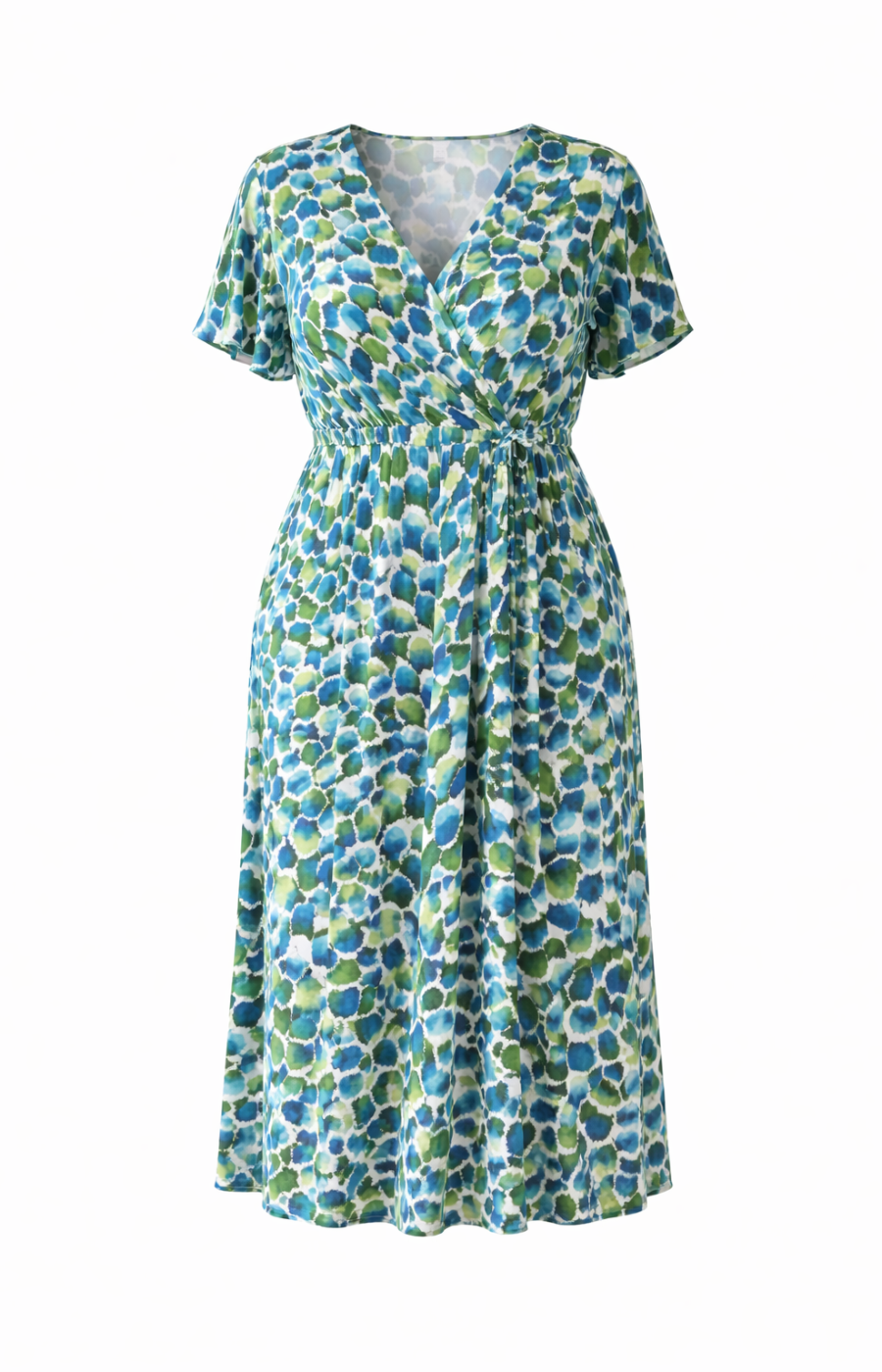 Blue and green patterned dress on a white background