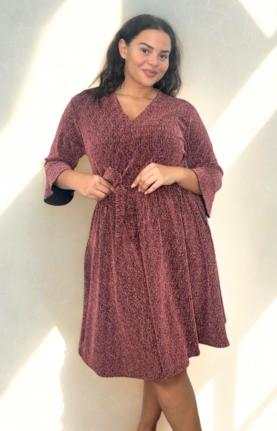Dani Faux Wrap Dress in Rust Glitter